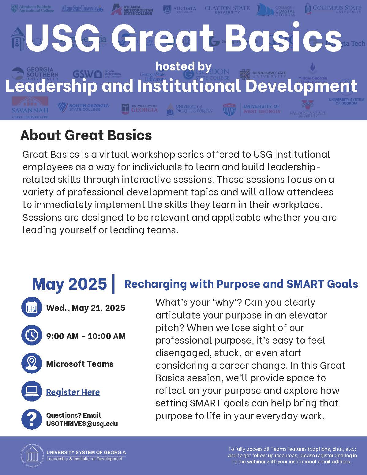 Flyer for, "Recharging with Purpose and SMART Goals" event.